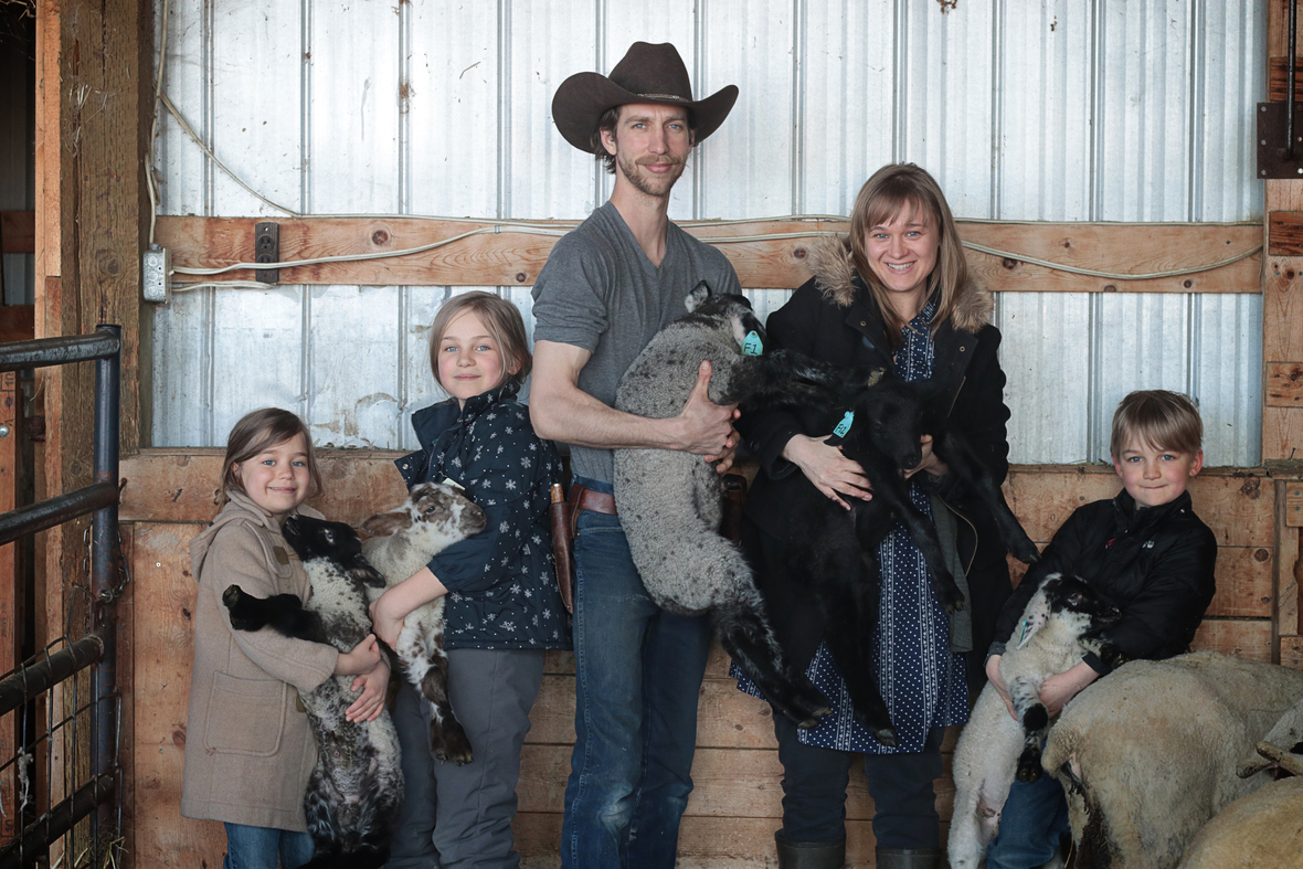 family with lambs